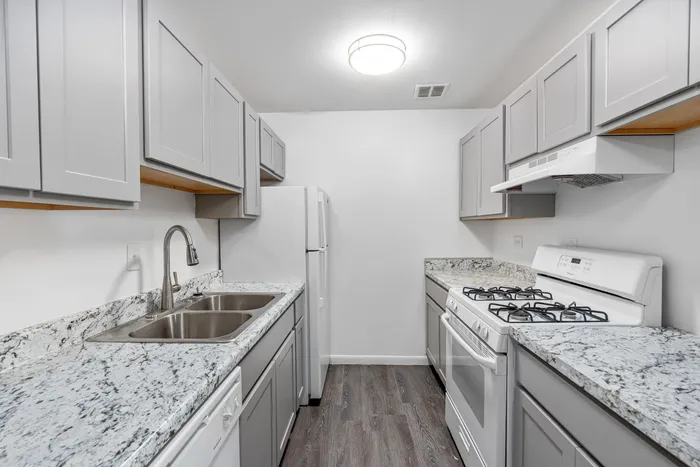 Apartments for Rent in Justice, IL - Willow Hill Apartments - Galley Kitchen With Gray Cabinets, Granite-Look Counters, Double Sink, White Refrigerator, and Gas Range With Hood.