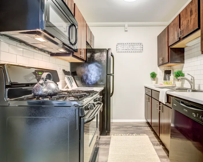 One-Bedroom Apartments in Glendale Heights, IL - Ellyn Crossing Apartments - Galley Kitchen With Dark Cabinets, Subway Tile Backsplash, Black Appliances, and Sink.