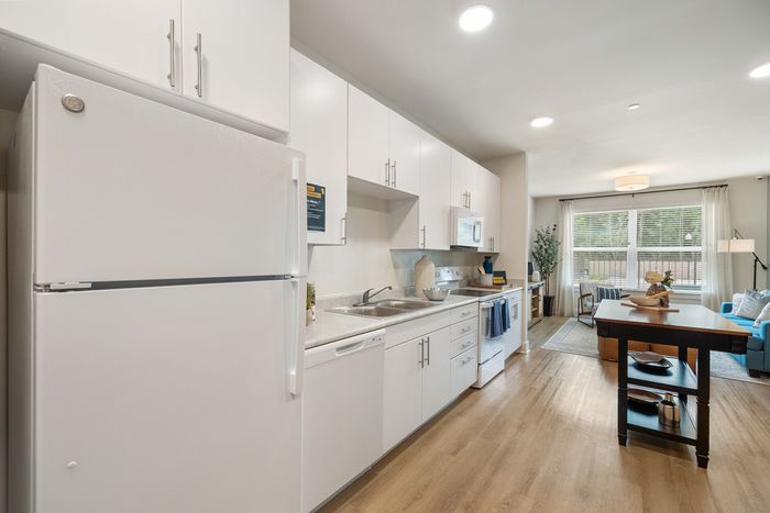 Dog-Friendly Apartments in Houston, TX - Acova Brentwood - Open Concept Kitchen And Living Area With White Flat-Panel Cabinetry, Full-Size Appliances, Wood-Style Plank Flooring, And Large Windows.