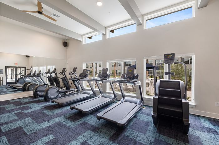 Houston, TX, Pet-Friendly Apartments - Acova Brentwood - Fitness Center With Treadmills, Elliptical Machines, Stair Climber, Large Windows, Ceiling Fan, And Mirrored Wall.
