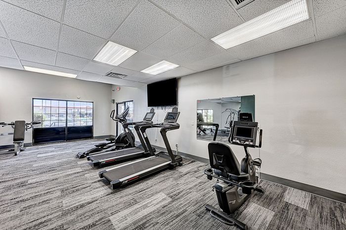 Modern gym with state-of-the-art treadmills and exercise bike, featuring large windows for natural light.