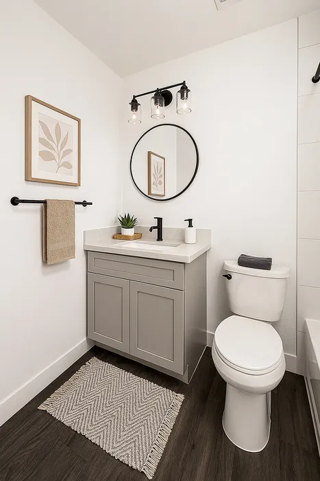 Modern bathroom with elegant fixtures, featuring a stylish vanity, circular mirror, and chic lighting for a sophisticated touch.