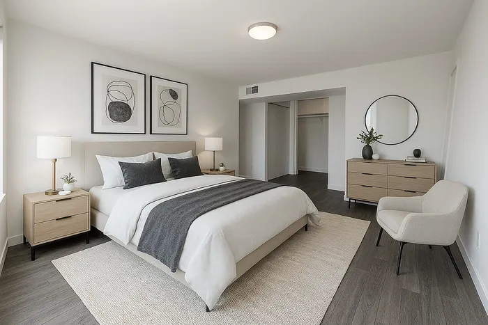 Elegant bedroom featuring a plush bed, modern wooden furniture, and chic decor in soothing neutral tones.