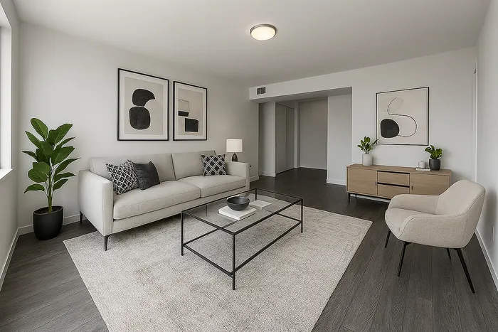 Modern living room with elegant decor featuring a comfortable sofa, sleek coffee table, and stylish armchair, complemented by minimalistic artwork and lush greenery.