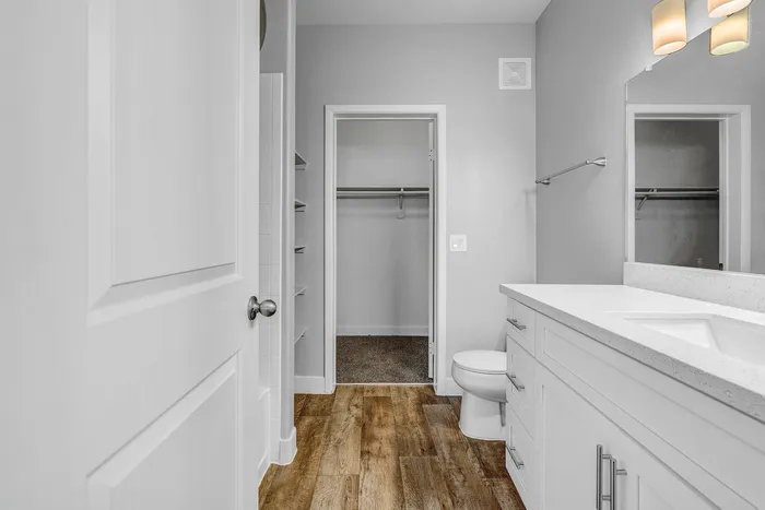 Modern bathroom with elegant wood flooring, sleek white vanity, and spacious walk-in closet.