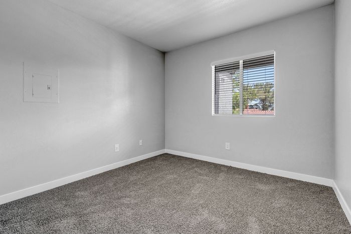 Bright and airy room with fresh gray walls and plush carpet, featuring a window with a scenic view, perfect for a modern living space.
