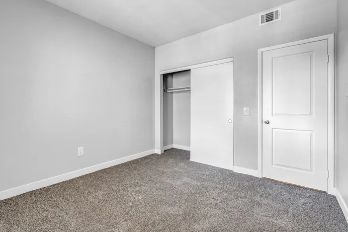 Bright and cozy bedroom with plush carpet, spacious closet, and modern white door, perfect for personalization.