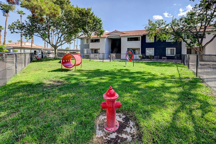 Charming outdoor space with vibrant playground and lush greenery in a beautiful apartment complex.