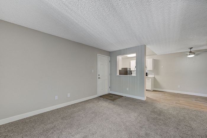 Sleek apartment interior with plush carpeted living area, modern kitchen features, and elegant lighting.