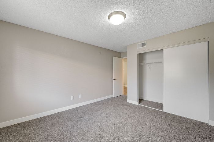 Bright and inviting bedroom featuring plush carpeting, neutral walls, and ample closet space, perfect for cozy living.