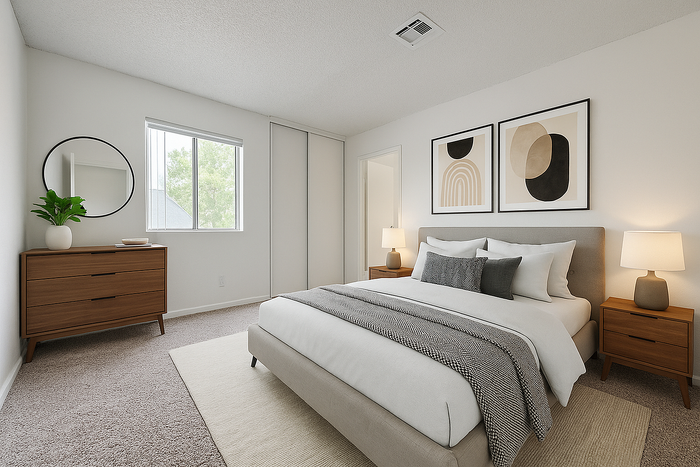 Elegant bedroom with modern decor, featuring a cozy bed, stylish wooden dresser, two framed artworks, and a large window inviting natural light.