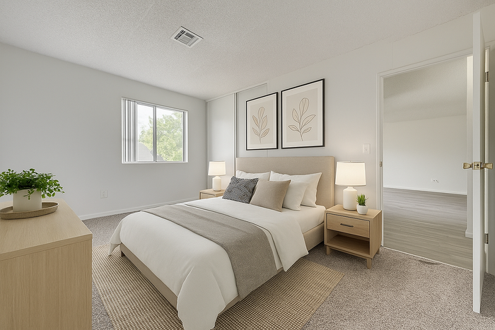 Inviting bedroom with stylish decor, featuring a comfortable bed, soft neutral tones, and ample natural light from a large window.