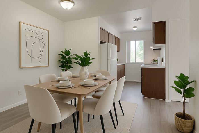 Inviting dining area with a modern wooden table, elegant chairs, and stylish decor, seamlessly connected to a sleek kitchen with natural light.