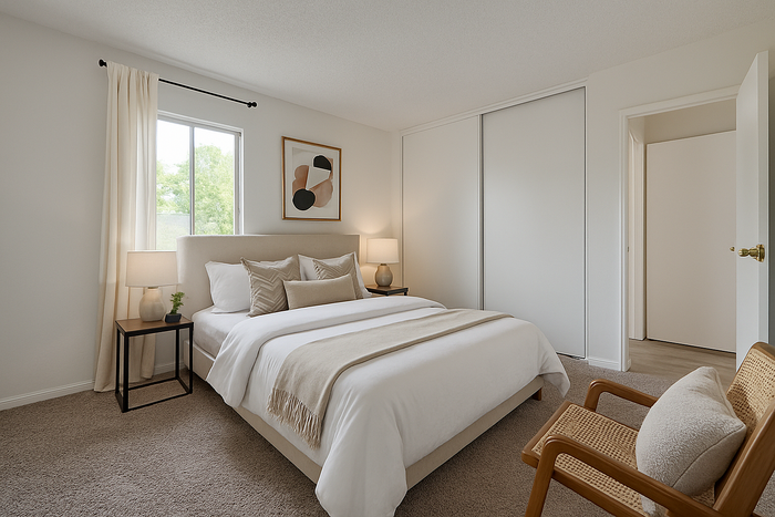 Elegant bedroom with cozy neutral decor, featuring a plush bed, modern art, and ample natural light.