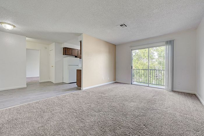 Bright and airy living space featuring a cozy carpet, sliding glass doors with balcony view, and an adjacent open kitchen.
