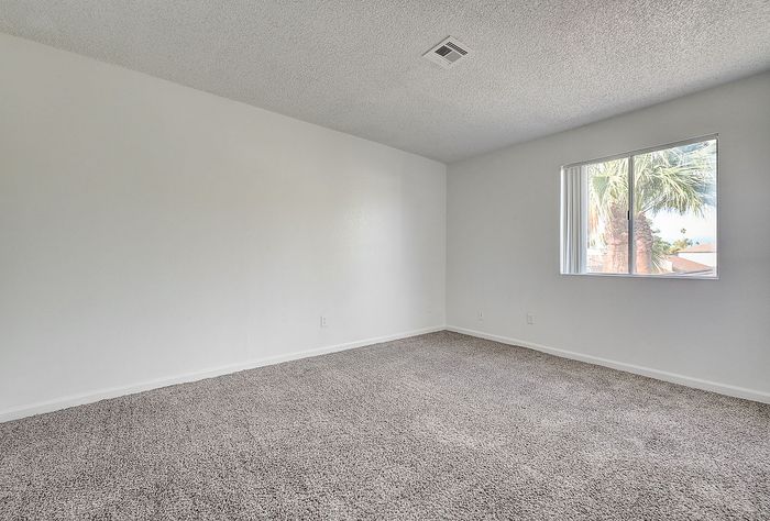 Bright and airy, carpeted room with a large window framing palm tree views, offering a serene and inviting atmosphere.