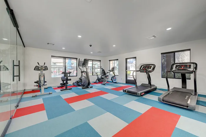 Modern fitness center with colorful flooring, featuring treadmills and stationary bikes beside large windows.