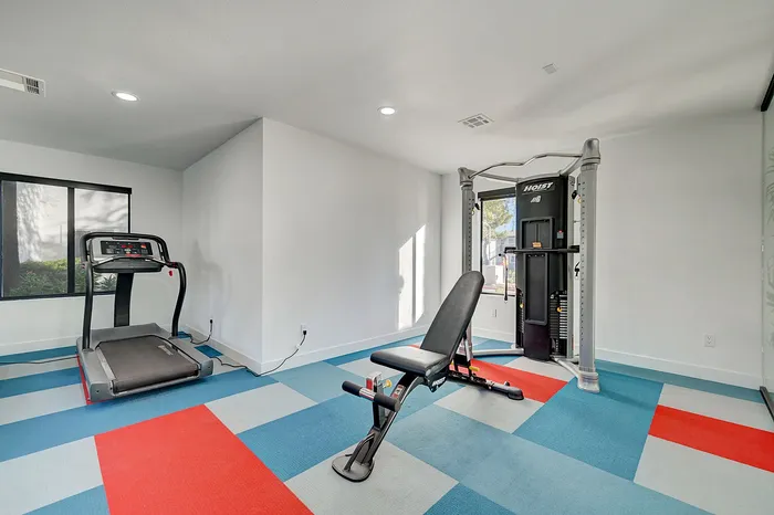 Modern fitness room with colorful flooring highlighting a treadmill, multi-station gym equipment, and a workout bench, creating a vibrant and inviting exercise space.