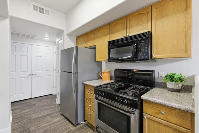 Modern kitchen featuring sleek stainless steel appliances, elegant wood cabinetry, and stylish granite countertops.