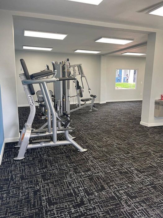 Modern fitness center equipped with advanced exercise machines and bright lighting on a sleek carpeted floor.