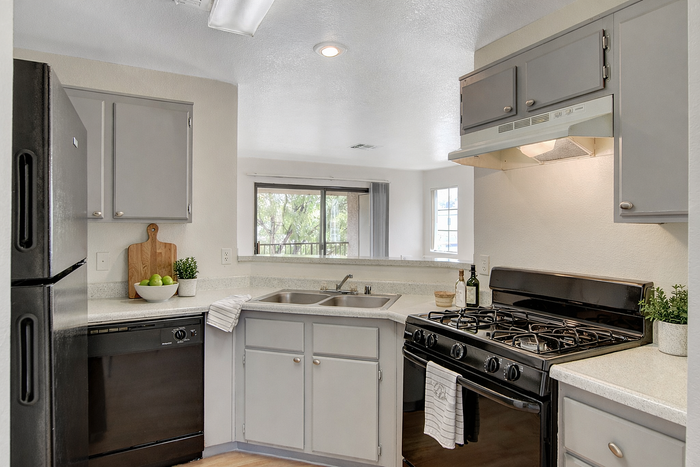 Modern kitchen with sleek appliances, elegant countertops, and abundant natural light from large windows.