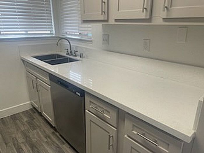 Modern kitchen with sleek white countertops, polished cabinetry, and stainless steel dishwasher.