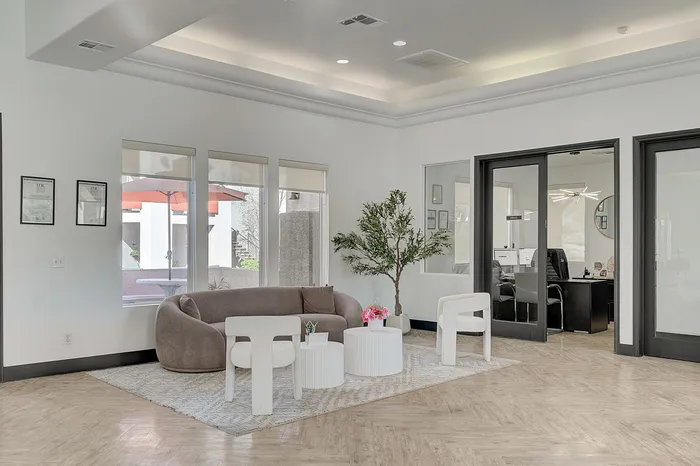 Inviting office waiting area with modern furniture, natural light, and stylish décor, perfect for a professional setting.