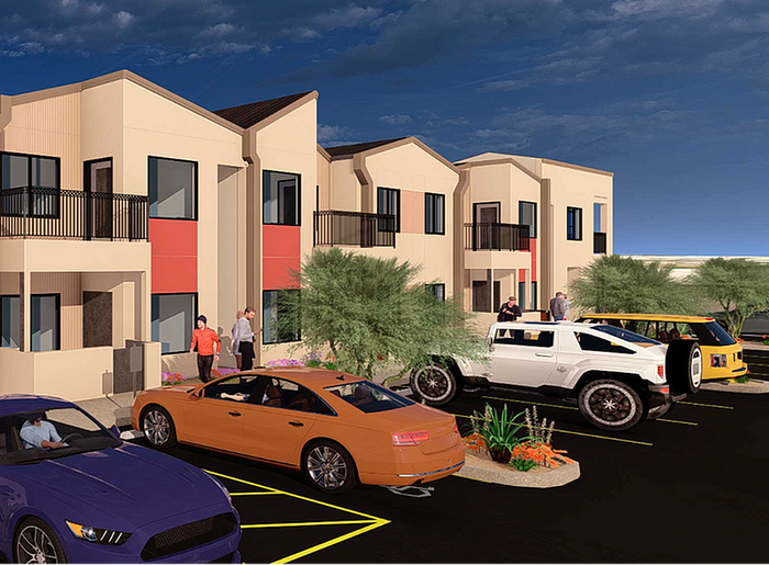 Modern townhouse complex with sleek architecture, vibrant facade, and convenient parking set against a stunning sky backdrop.