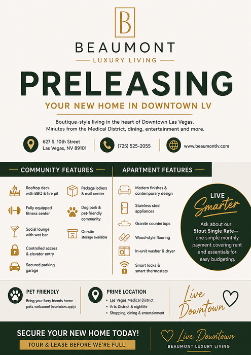 Discover Beaumont Luxury Living's preleasing opportunity in downtown Las Vegas, featuring boutique-style apartments with modern finishes, rooftop deck, fitness center, and pet-friendly amenities.