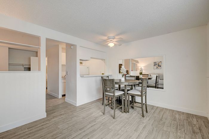 Bright dining area with elegant table set, modern decor, and open layout leading to the kitchen.