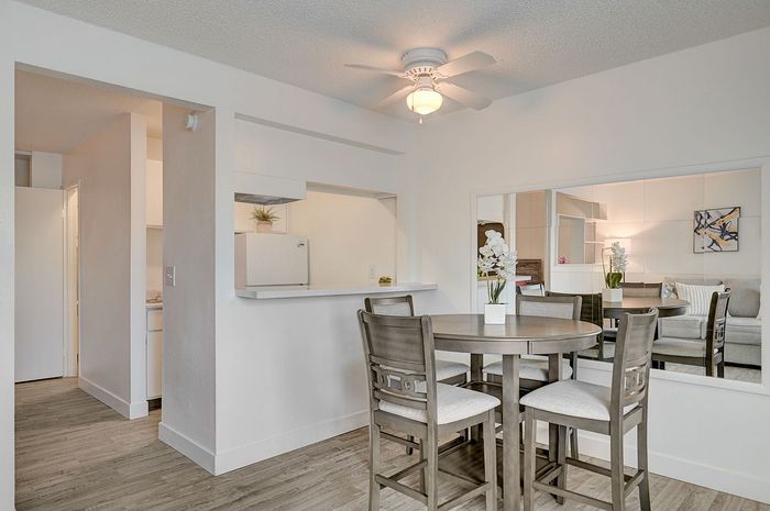 Bright and inviting apartment dining area with a sleek round table, modern chairs, and a spacious kitchen pass-through.