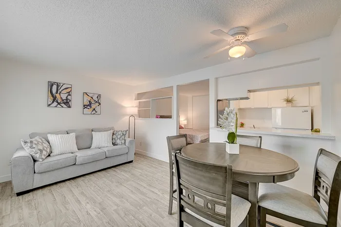 Bright and inviting living space with modern decor, cozy gray sofa, and open kitchen, perfect for relaxation and entertaining.