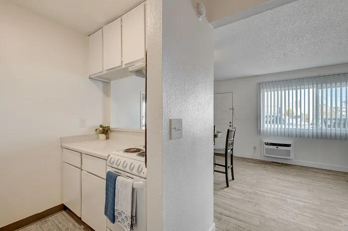 Modern apartment with bright open kitchen, elegant dining area, and large window providing ample natural light.