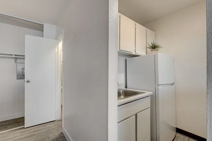 Modern kitchen nook with sleek cabinetry and efficient design, adjacent to a cozy closet space.
