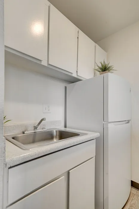 Modern kitchen with sleek white cabinetry, stainless steel sink, and contemporary fridge, ideal for efficient and stylish living.
