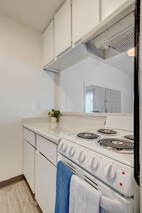 Cozy kitchen with sleek white cabinets, electric stove, and natural light, perfect for culinary creativity.