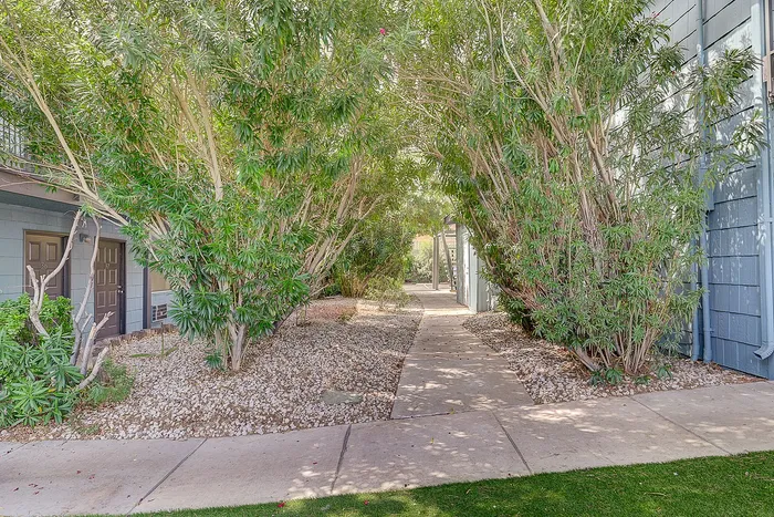 Charming garden pathway lined with lush green foliage, leading to a welcoming front door, exuding tranquility and natural beauty.