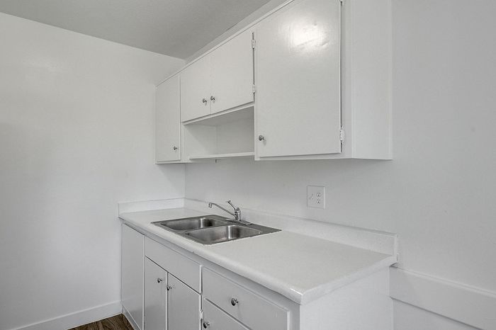 Bright, minimalist kitchen design with clean white cabinetry and modern double sink.