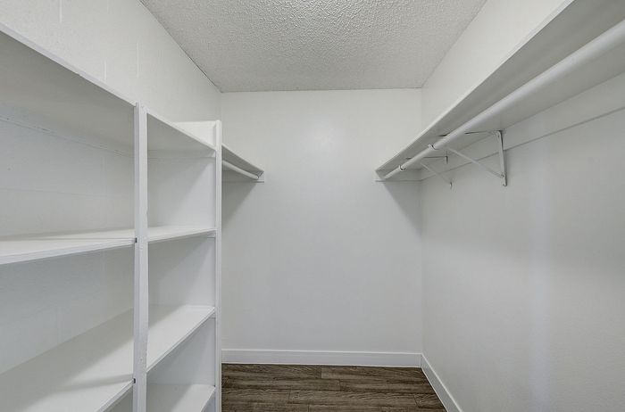 Spacious walk-in closet with ample shelving and hanging space for organized storage.