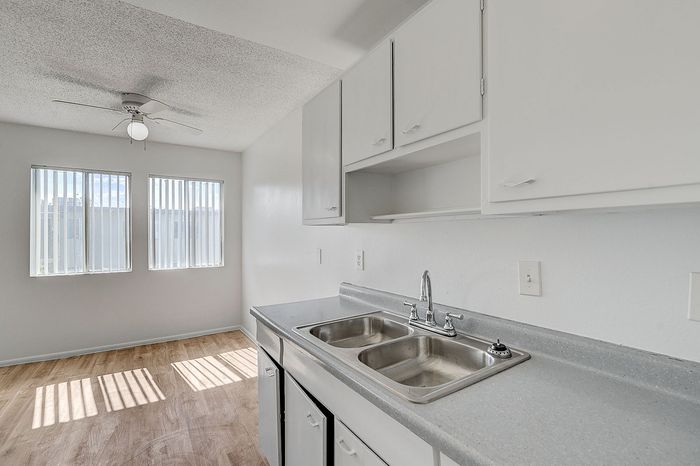 Bright kitchen with modern double sink, ample cabinet space, and natural light from large windows.