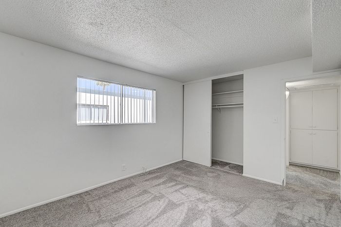 Spacious bedroom with plush carpeting, sleek built-in closet, and large window providing ample natural light.