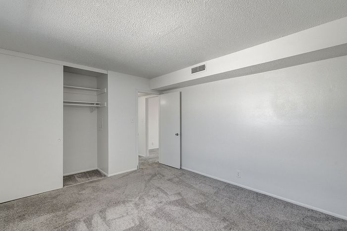 Bright and spacious bedroom with plush carpet and built-in closet, offering a cozy and inviting ambiance.