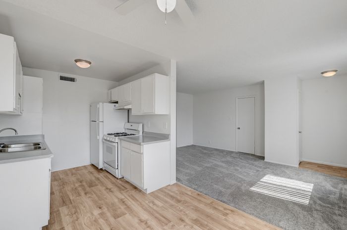 Bright open-concept apartment featuring a modern kitchen with white cabinetry, spacious living area with carpet flooring, and abundant natural light.