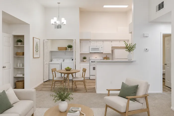 Charming open-concept living area with stylish modern furniture, cozy seating, and a functional kitchen boasting sleek white cabinetry and appliances. Bright design enhanced by indoor plants and natural light.