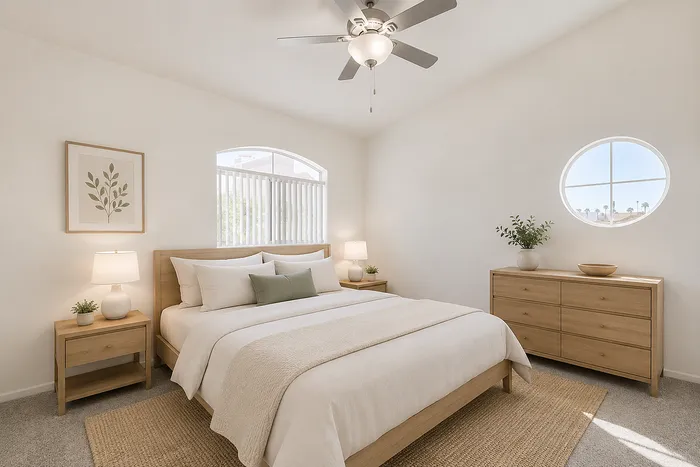 Elegant bedroom with natural light, featuring a cozy bed, minimalist decor, and stylish wooden furniture, perfect for relaxation.