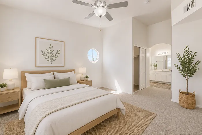 Bright and airy bedroom featuring a cozy bed with neutral linens, modern decor, wicker basket, and an ensuite bathroom.