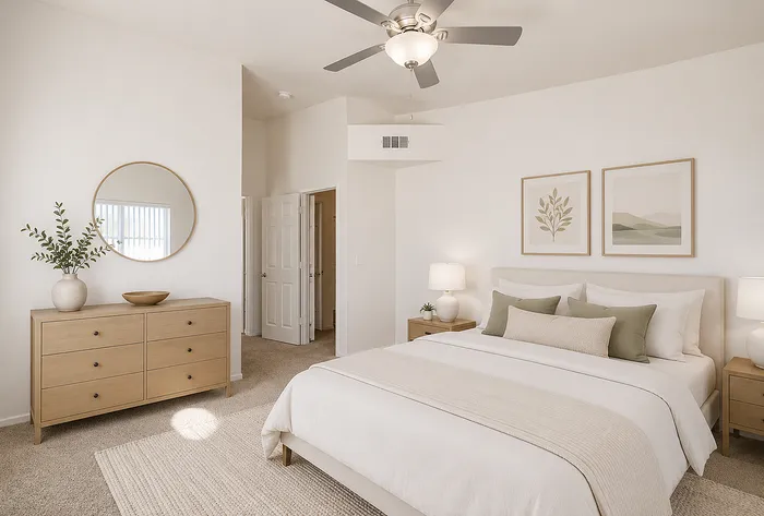 Serene bedroom with elegant decor, featuring a plush bed, stylish wooden dresser, and warm lighting.