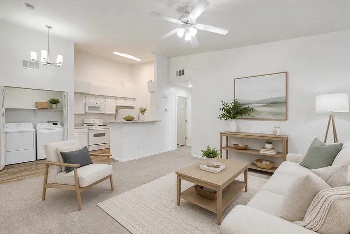 Bright and welcoming living area with a cozy sofa, modern kitchen, and convenient laundry nook, perfect for stylish living.