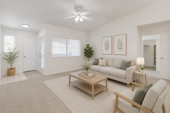 Bright and inviting living room with stylish modern furniture, plush carpeting, and elegant decor, perfect for relaxation and entertainment.