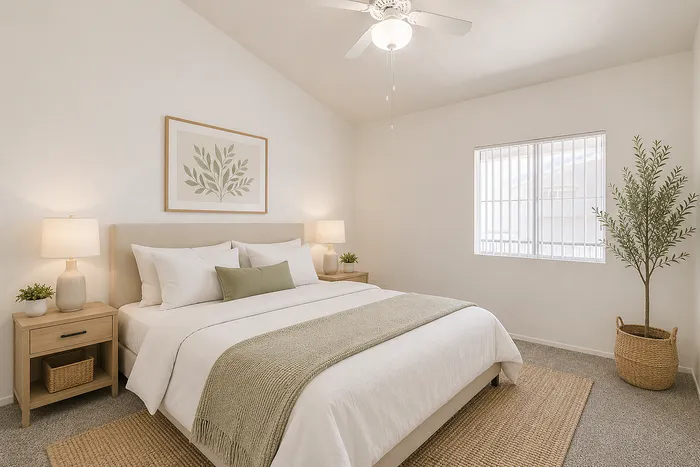 Inviting bedroom with stylish decor, featuring a comfortable bed, elegant lighting, and serene plant-themed artwork.
